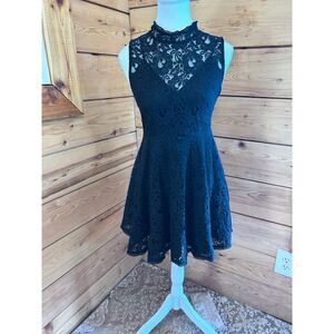 Wildfire Black Lace Fit and Flare Dress High Neck Sleeveless Mini L CA 07043